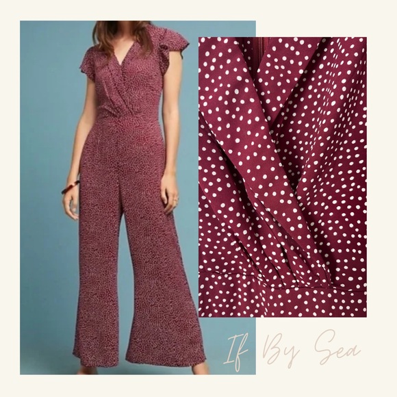 If By Sea Anthropologie Bering Ruffled Jumpsuit – Maroon Polka Dot, Size M, NWOT - Picture 1 of 8